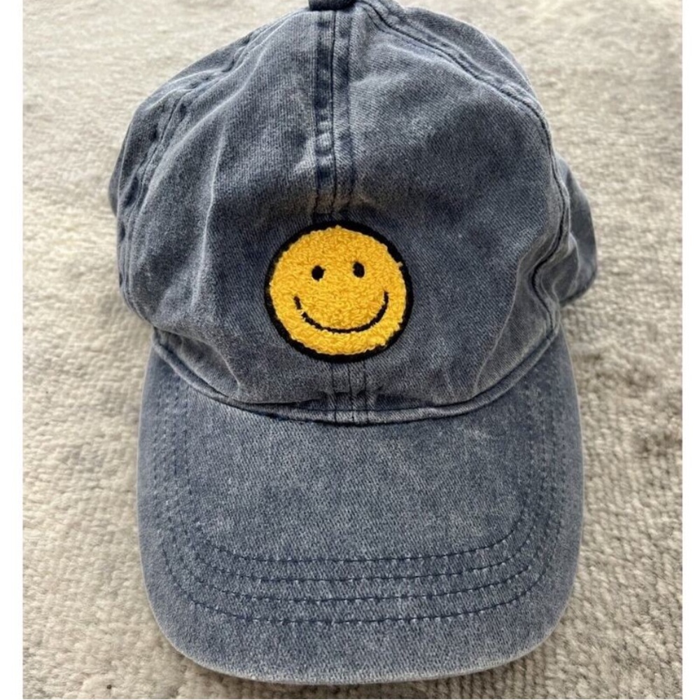 David & Young Blue Denim Smile Face Hat Cap Happy Adjustable Terry Cloth Patch